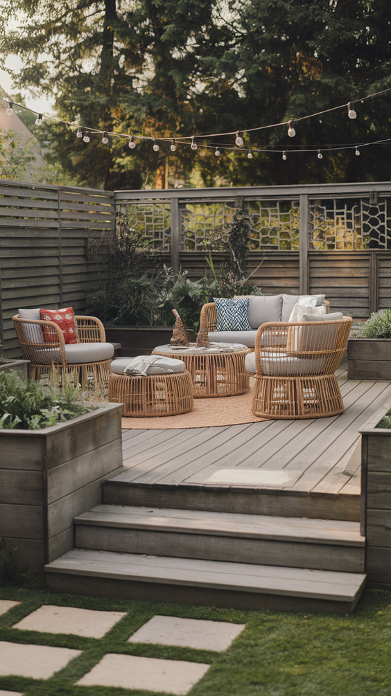 Stylish outdoor patio with rattan sectional and string lights