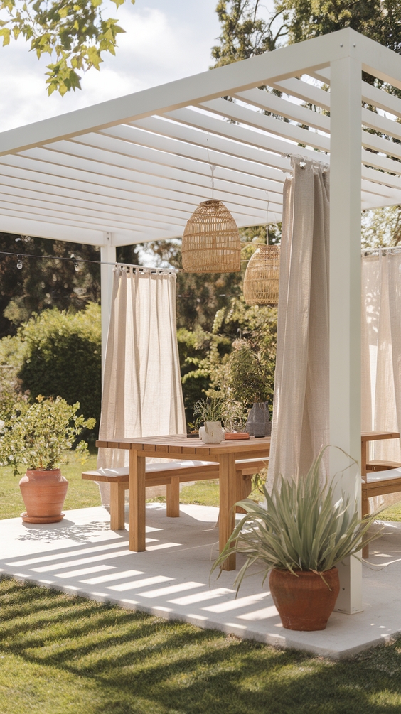 Elegant garden pergola with teak dining set and linen curtains