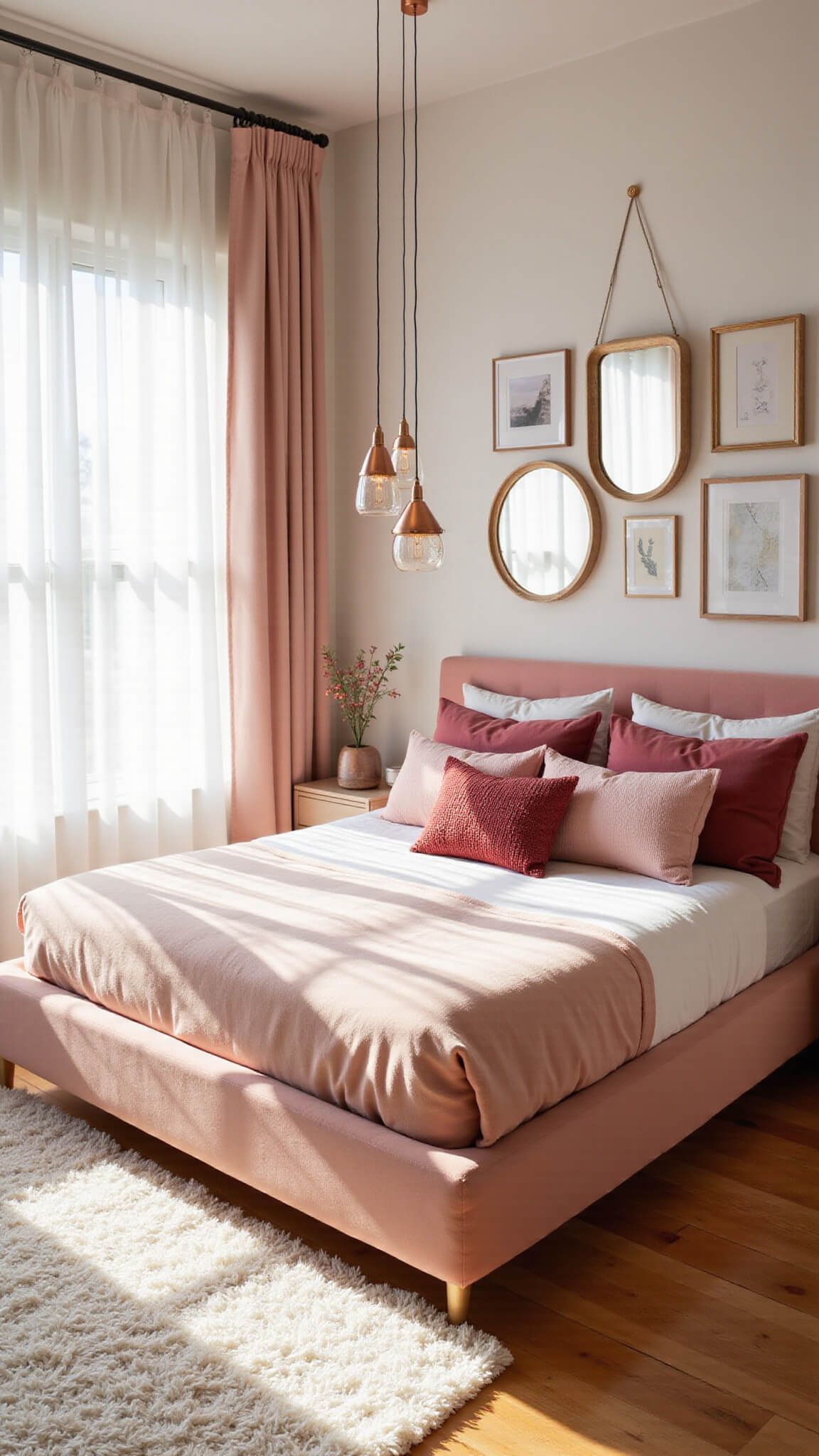 Sun-drenched bedroom featuring a plush blush velvet bed, layered pink cushions, rose gold pendant lighting, and a soft white shag rug on pale wooden floors.