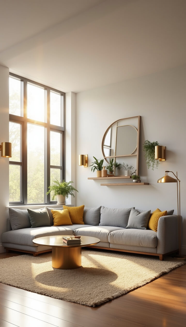Sunlit 12x14ft living room featuring a gray L-shaped sectional, brass and glass coffee table on a cream jute rug, illuminated by floor-to-ceiling windows, with wall-mounted oak shelves and layered lighting.