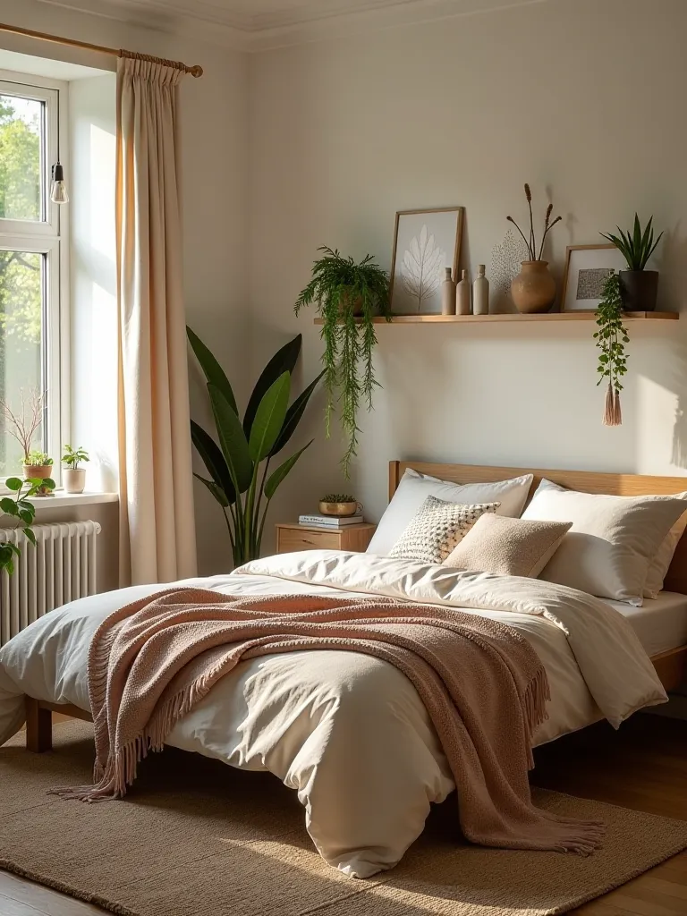 Compact attic boho bedroom with slanted ceiling and colorful bedding