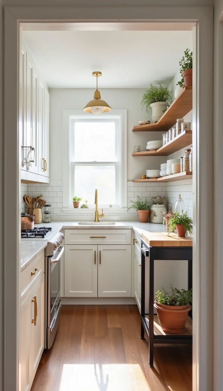 Bright, compact galley kitchen with white cabinets, brass hardware, marble-look countertops, and floating shelves styled with dishware and herbs, viewed from entrance.