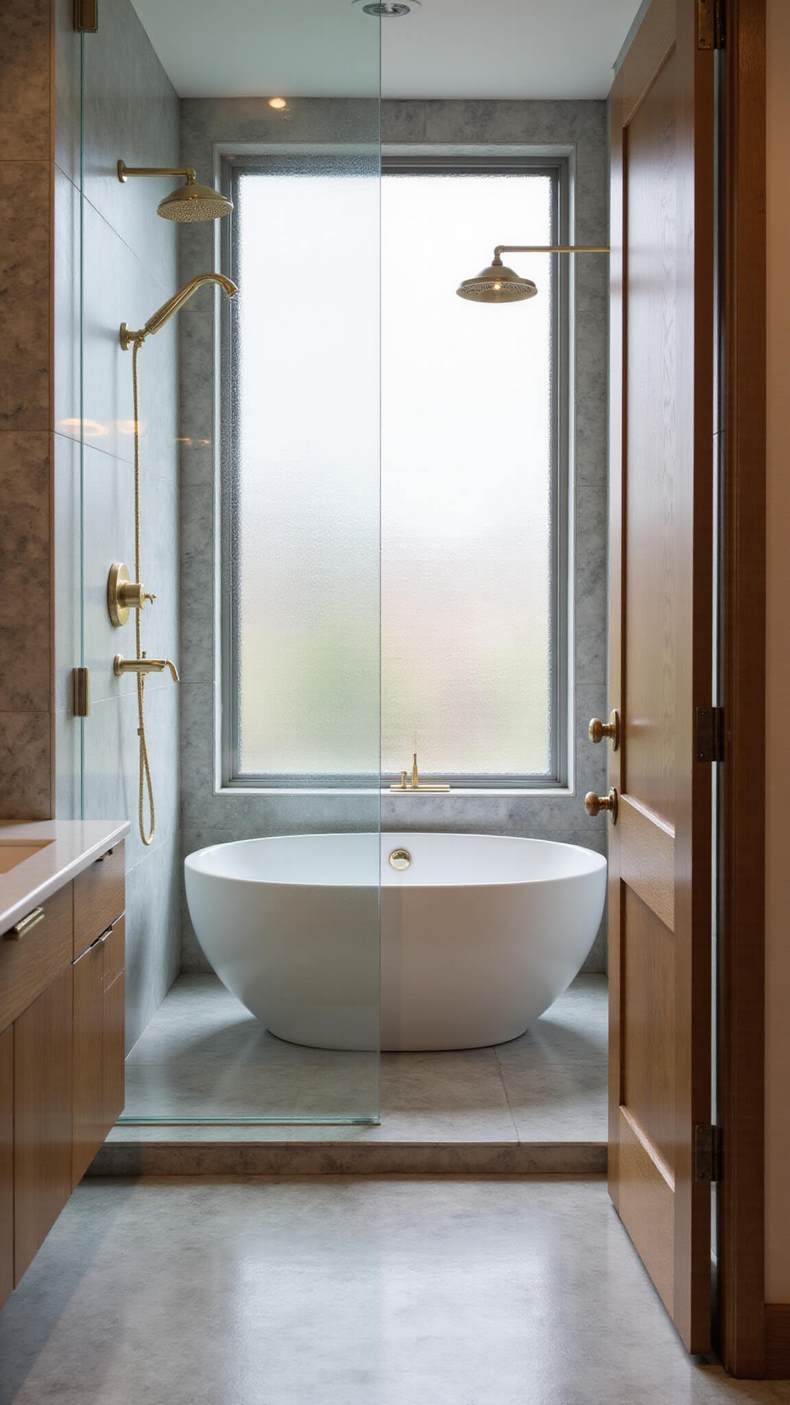 Contemporary bathroom featuring a sleek walk-in shower combined with a built-in bathtub, natural stone tiles, matte black fixtures, and soft daylight filtering through frosted glass.