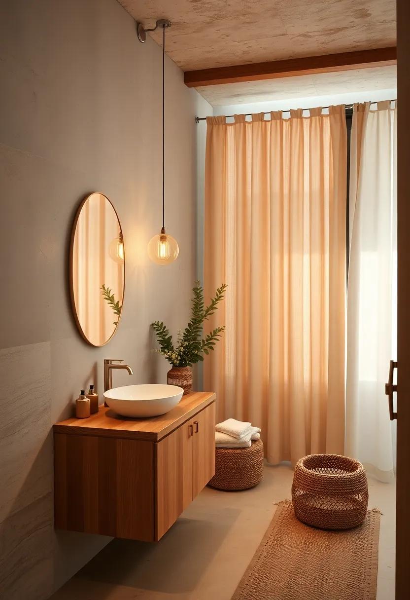 Serene Boho Bathroom with Warm Natural Wood Vanities and Soft Linen Curtains Embracing Cozy Elegance