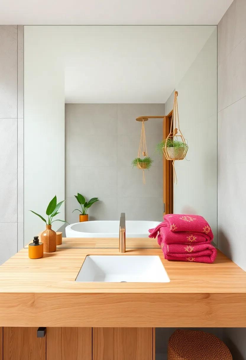 Natural Wood Countertop with Colorful Boho Towel Arrangement and Delicate Hanging Planters for Peaceful Bathroom Vibes