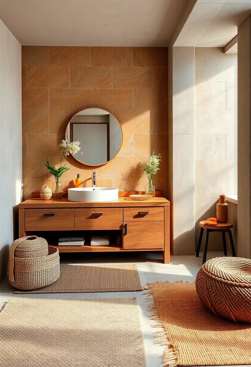 Warm Wood Vanity with Marbled Stone Basin Contrasted Against Hand-Woven Boho Textured Rugs and Cozy Accessories