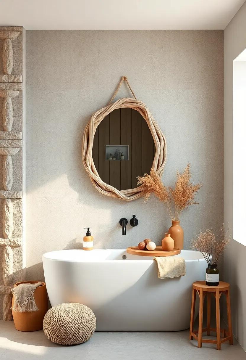 Boho Bathroom Focal Wall Decorated with Driftwood Mirror Surrounded by Earth-Toned Pottery and Dried Florals