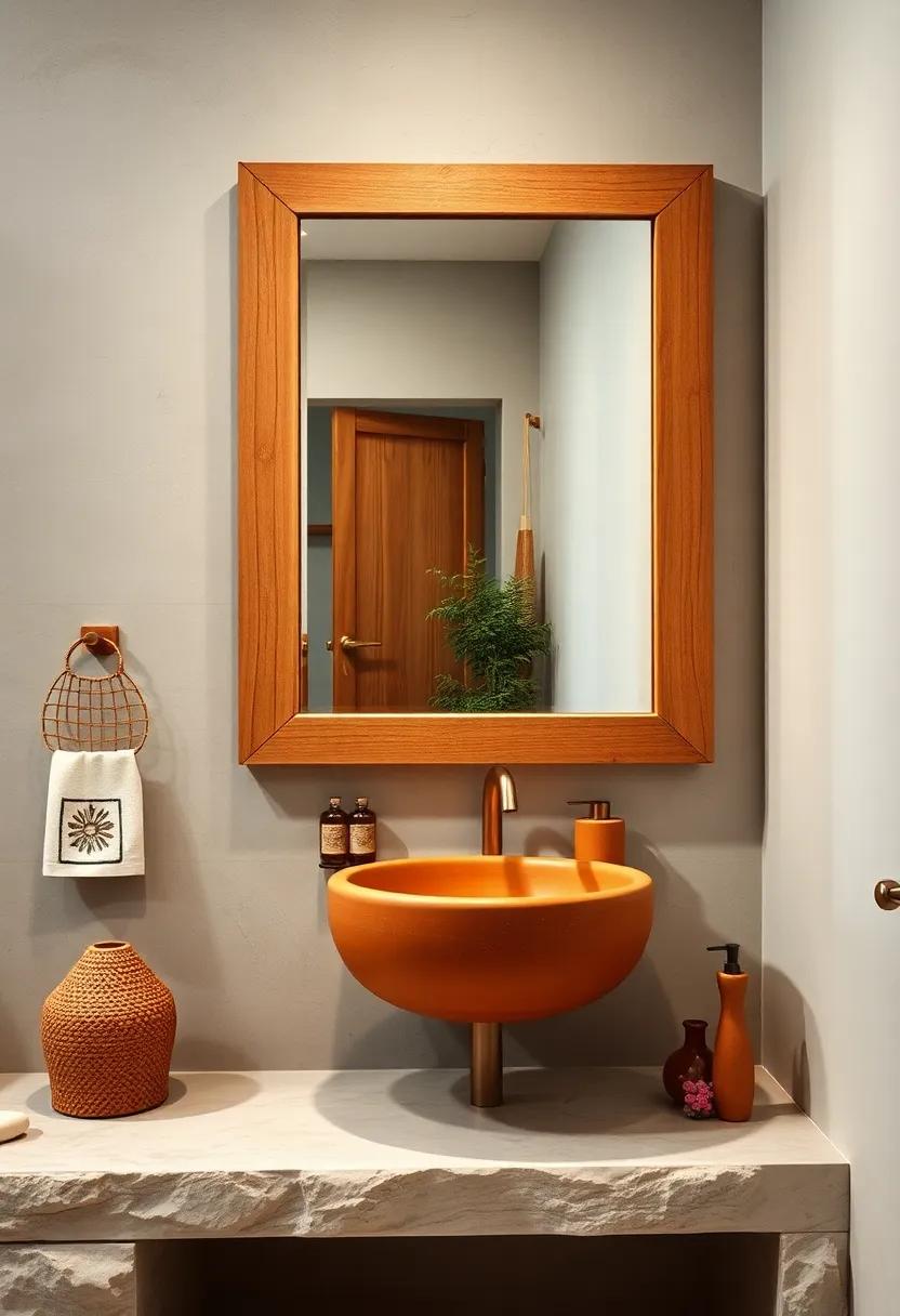 Natural Wood Framed Boho Bathroom Mirror Sitting Above Rustic Clay Sink with Ornamental Wooden Accessories