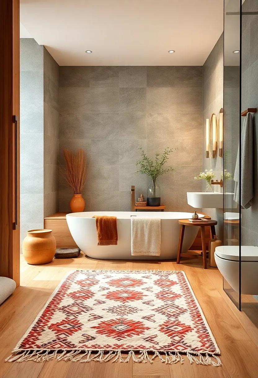 Natural Warm Wood Base with Geometric Boho Style Bathroom Rug and Soft Lighting Creating a Cozy Retreat