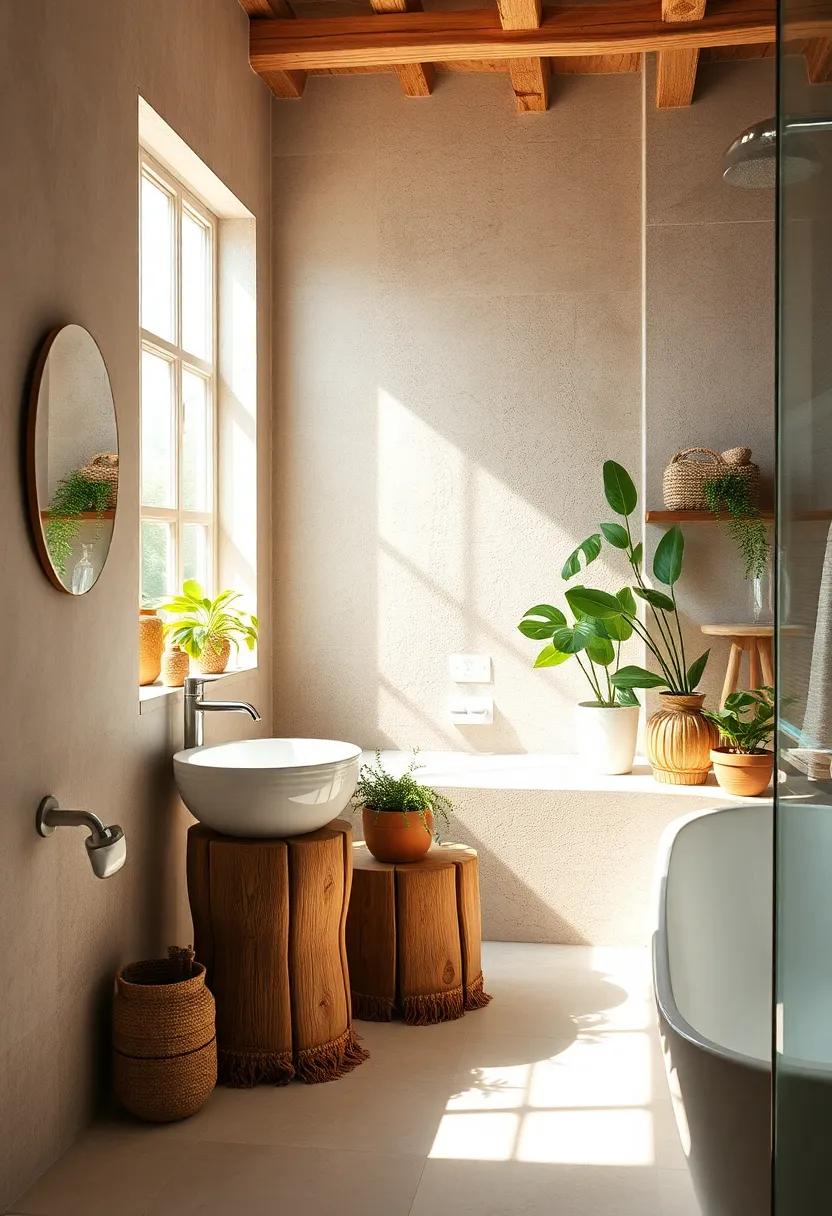 Cozy Bohemian Bathroom Bathed in Natural Light Highlighting Wooden Plant Stands with Lush Greenery and Terra Cotta Pots
