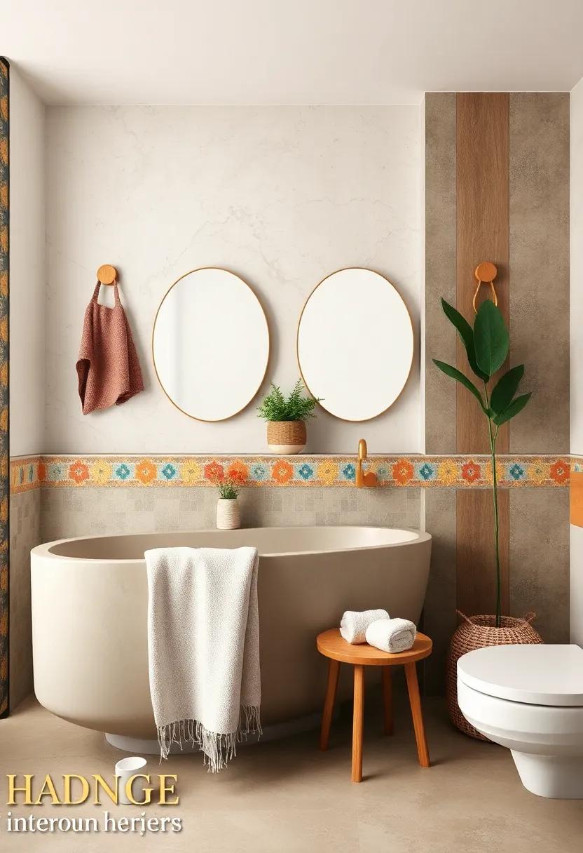 Bathroom Setting Featuring Warm Wood Towel Holders and Colorful Boho Ceramic Tiles for Inviting Earthy Vibes