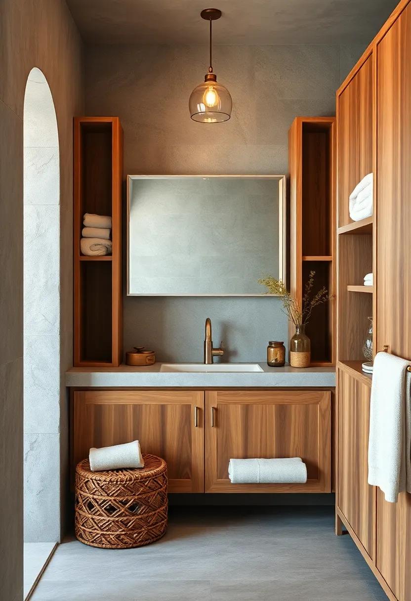 Natural Wood Open Cabinets Displaying Organic Cotton Towels and Vintage Jars in a Serene Bohemian Setting