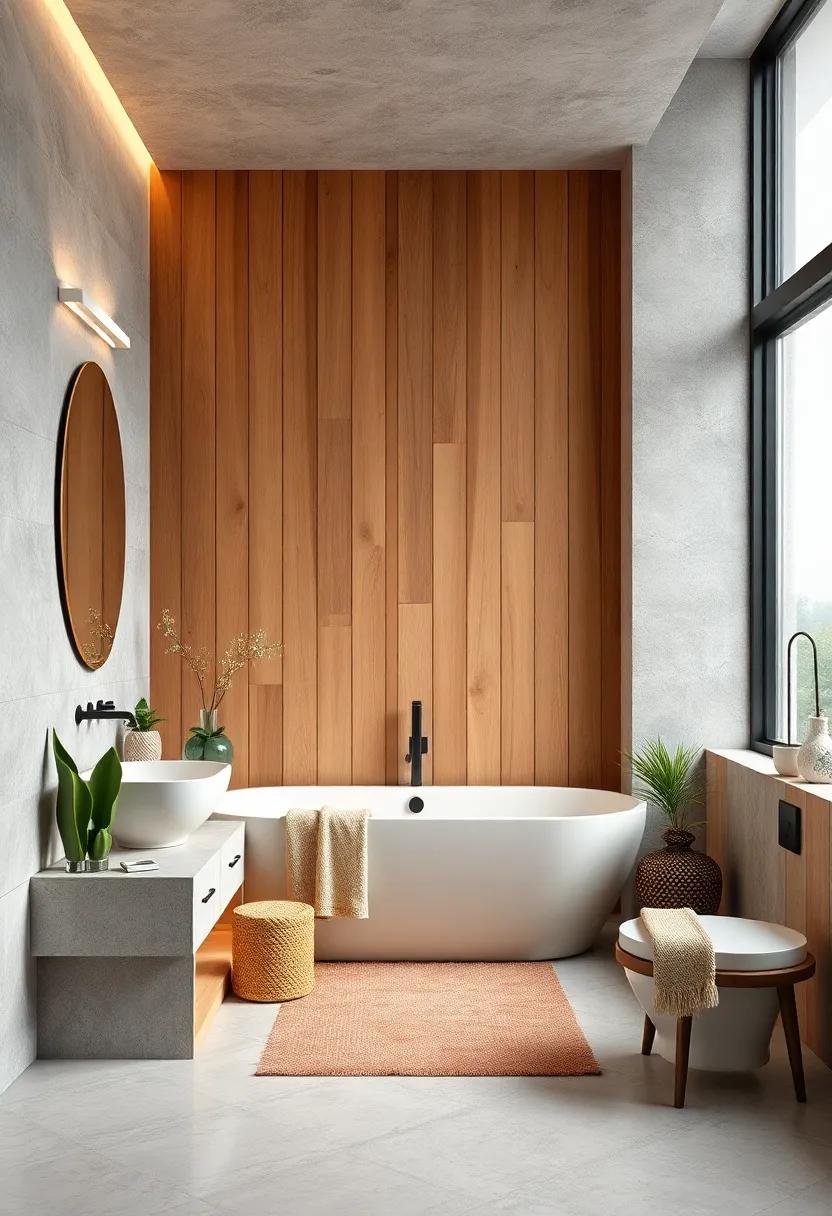 Boho Aesthetic Wood Panel Wall with Integrated Lighting and Mixed Textiles Adding Warmth and Texture to the Bathroom