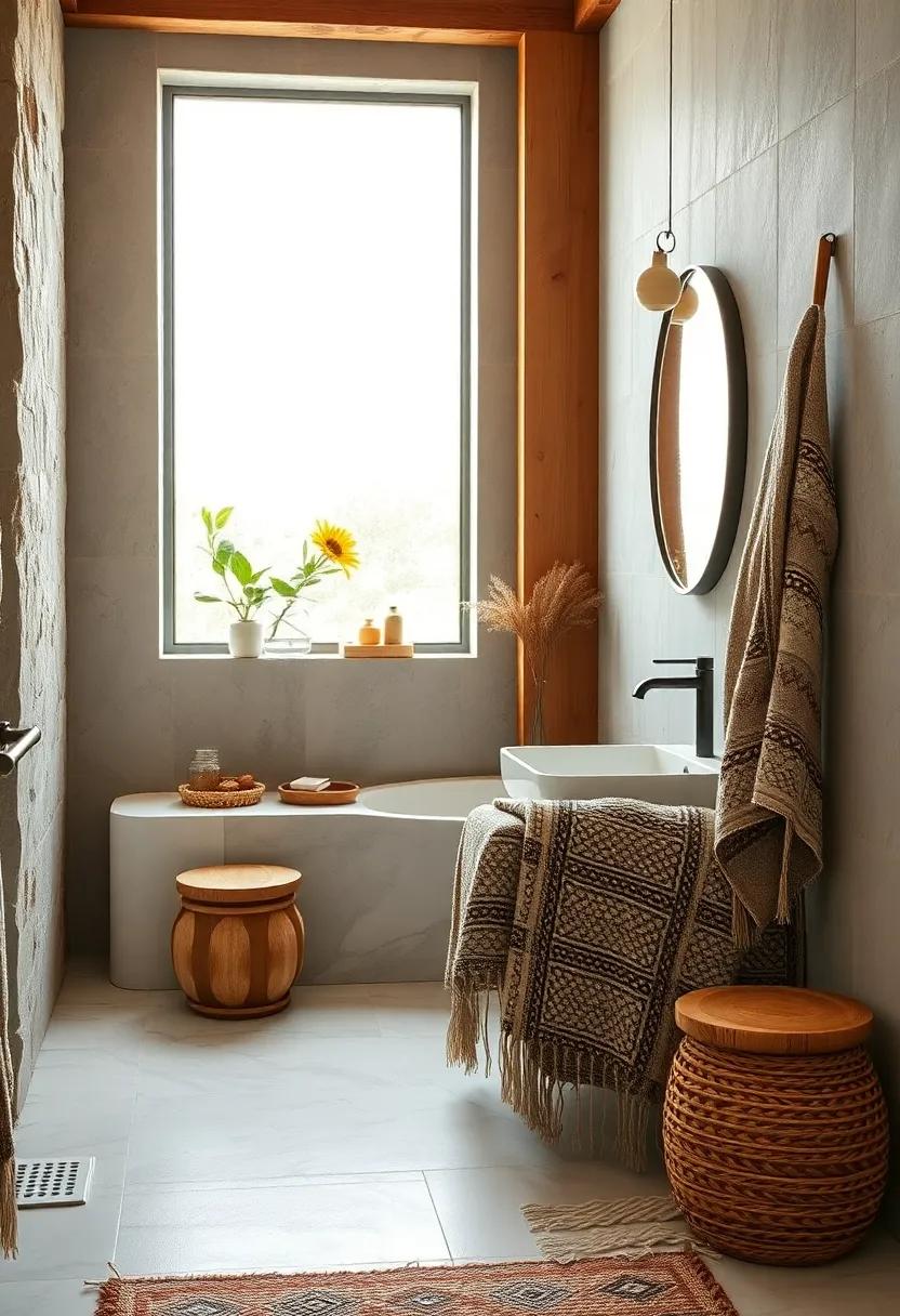 Serene Bathroom Ambiance Created with Wooden Frame Window and Sheer Curtains Coupled with Soft Neutral Boho Accents