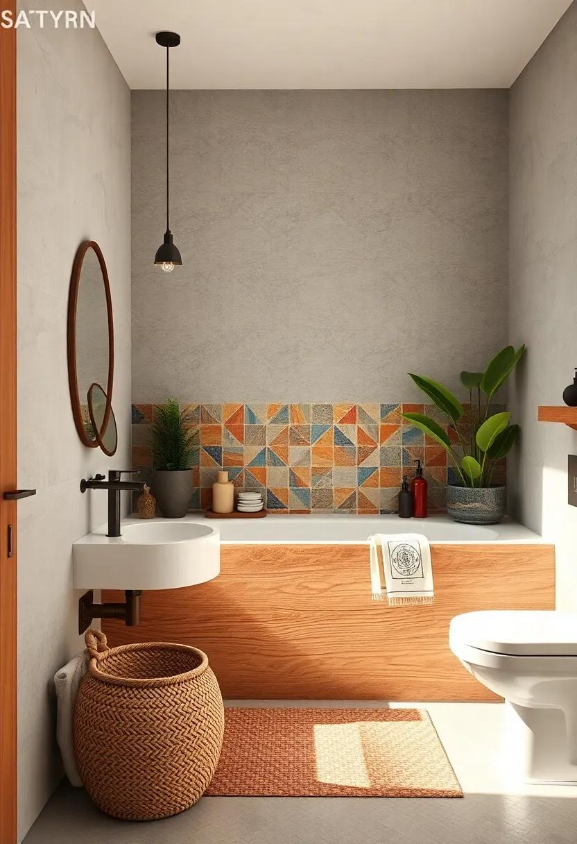 Natural Wood Warmth Combined with Colorful Boho Tile Backsplash and Minimalist Plant Accents for Soft Serenity