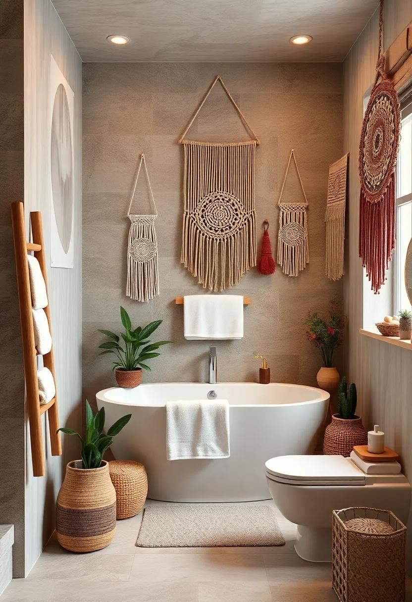 Cozy Bathroom Corner Showcasing Wooden Ladder Towel Rack Amid Boho Macrame Wall Hangings and Soft Ambient Lighting
