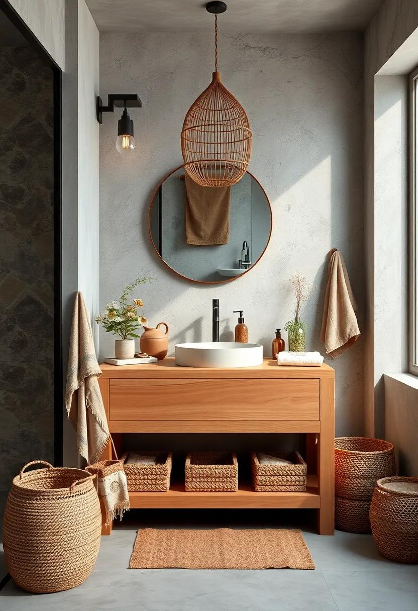 Rustic Boho Bathroom Scene with Distressed Wooden Bathtub Caddy and Handcrafted Soap Dishes in Warm Tones