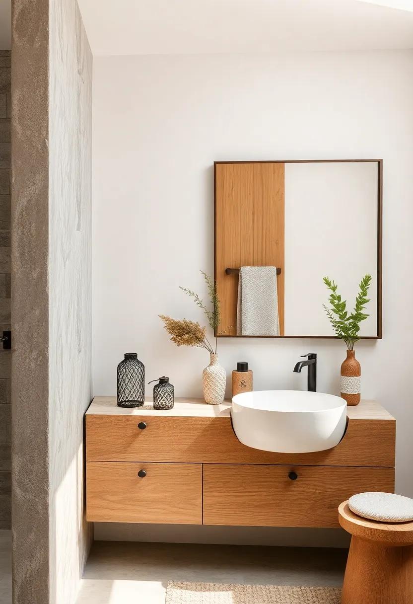 Rustic Wooden Vanity Accents Paired with Boho Patterned Glass Containers and Natural Stone Details in Calm Setting