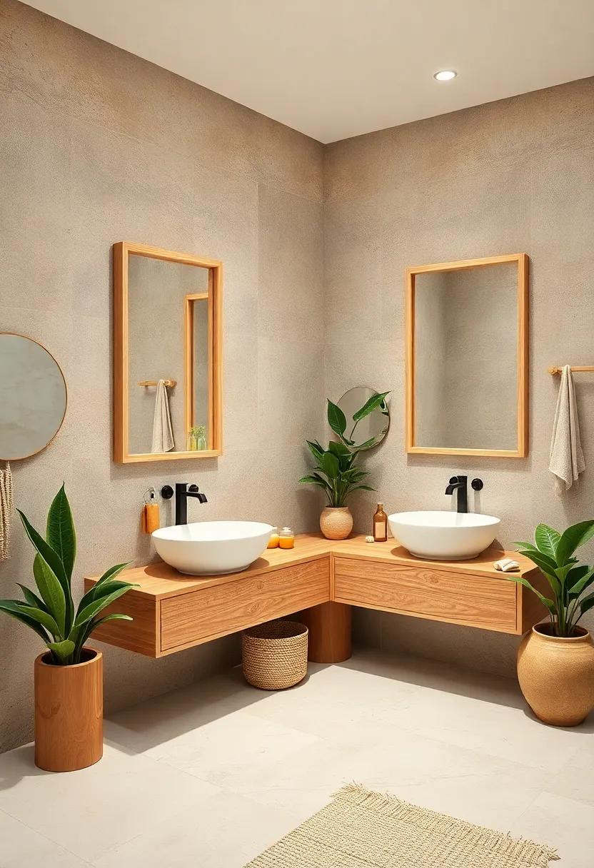 Minimalist Boho Bathroom with Light Wood Framed Mirrors and Earthy Green Plants for a Relaxing Atmosphere