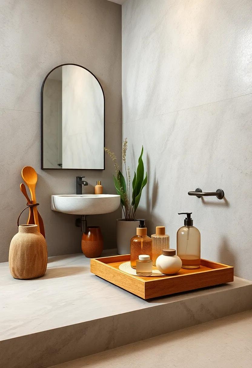 Organic Boho Inspired Bathroom Accessories Arranged on Warm Wood Tray Against Neutral Textured Backdrop