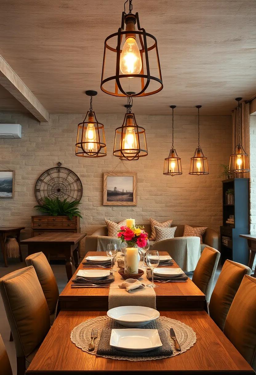 Rustic Chandeliers Casting Warm Glows Over Vintage Wood and Lace Draped Table Settings