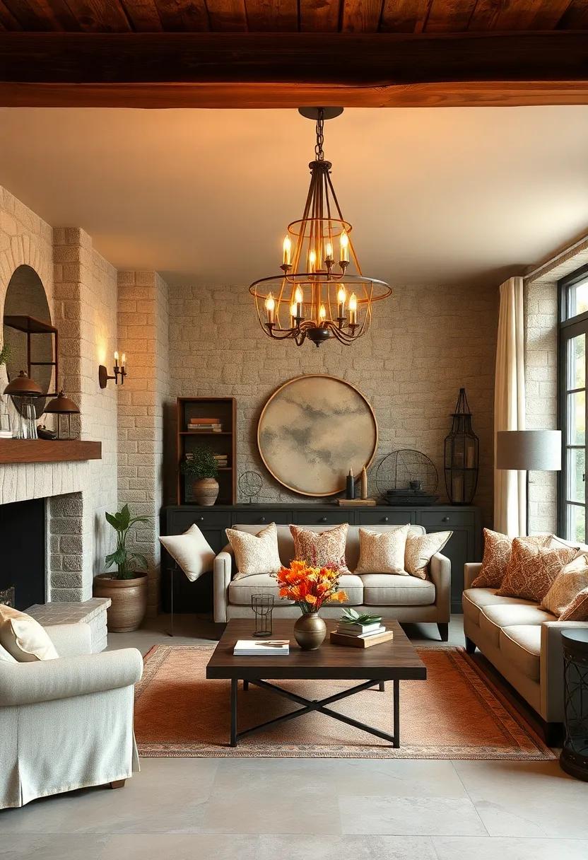 Warm Amber Lights Filtering Through Wrought Iron Frames in Quaint Stone Cottage Living Rooms