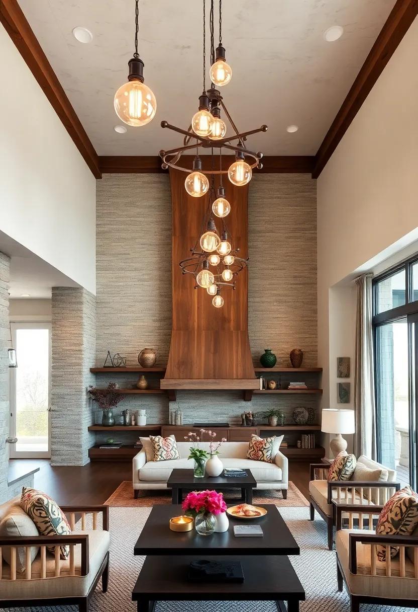 The Rustic Glow of Edison Bulb Chandeliers Accentuating Open Floor Plans with Natural Wood and Stone Details