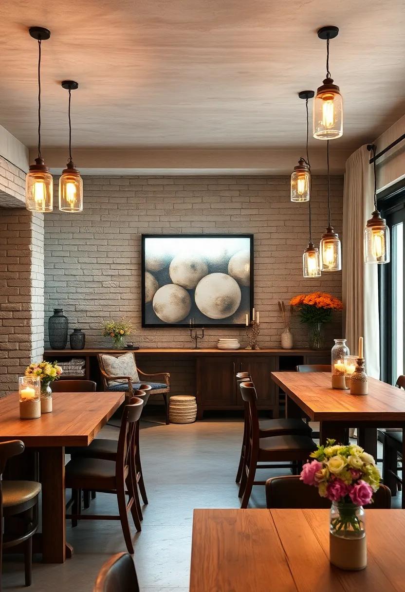 Rustic Chandeliers with Mason Jar Covers Casting Golden Hues Over Reclaimed Wood Dining Tables