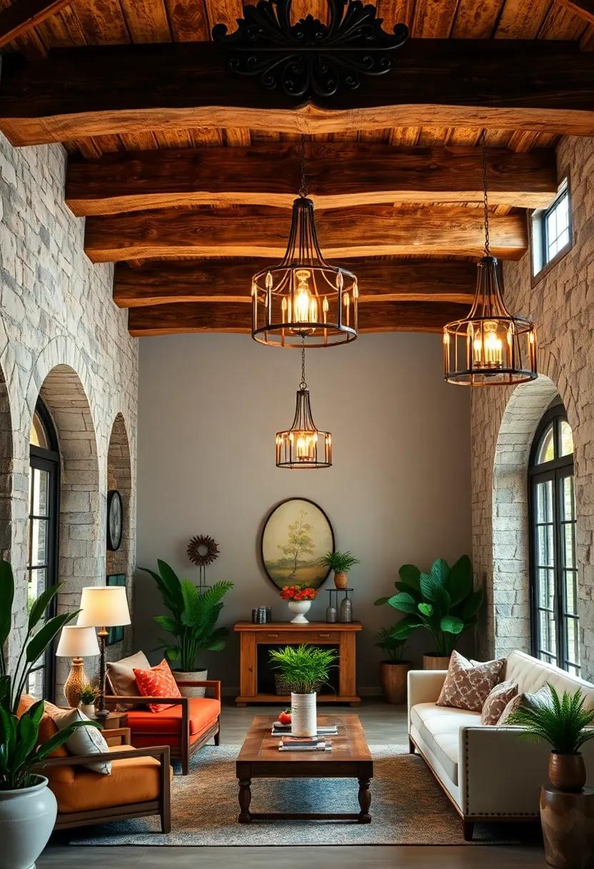 Intricately Carved Wooden Beams Framing Rustic Chandeliers in Cozy, Plant-Filled Cottage Interiors