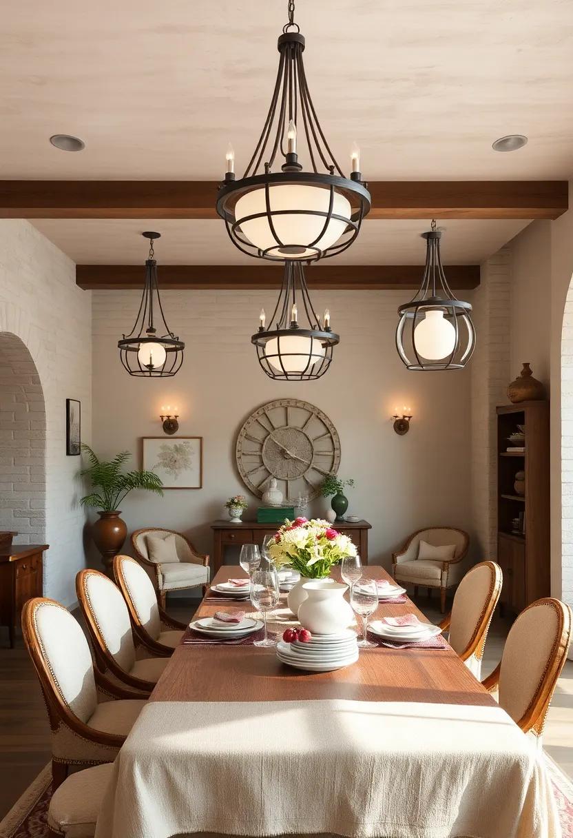 Rustic Chandeliers Highlighting Vintage Porcelain and Antique Silverware in Country-Style Dining Rooms