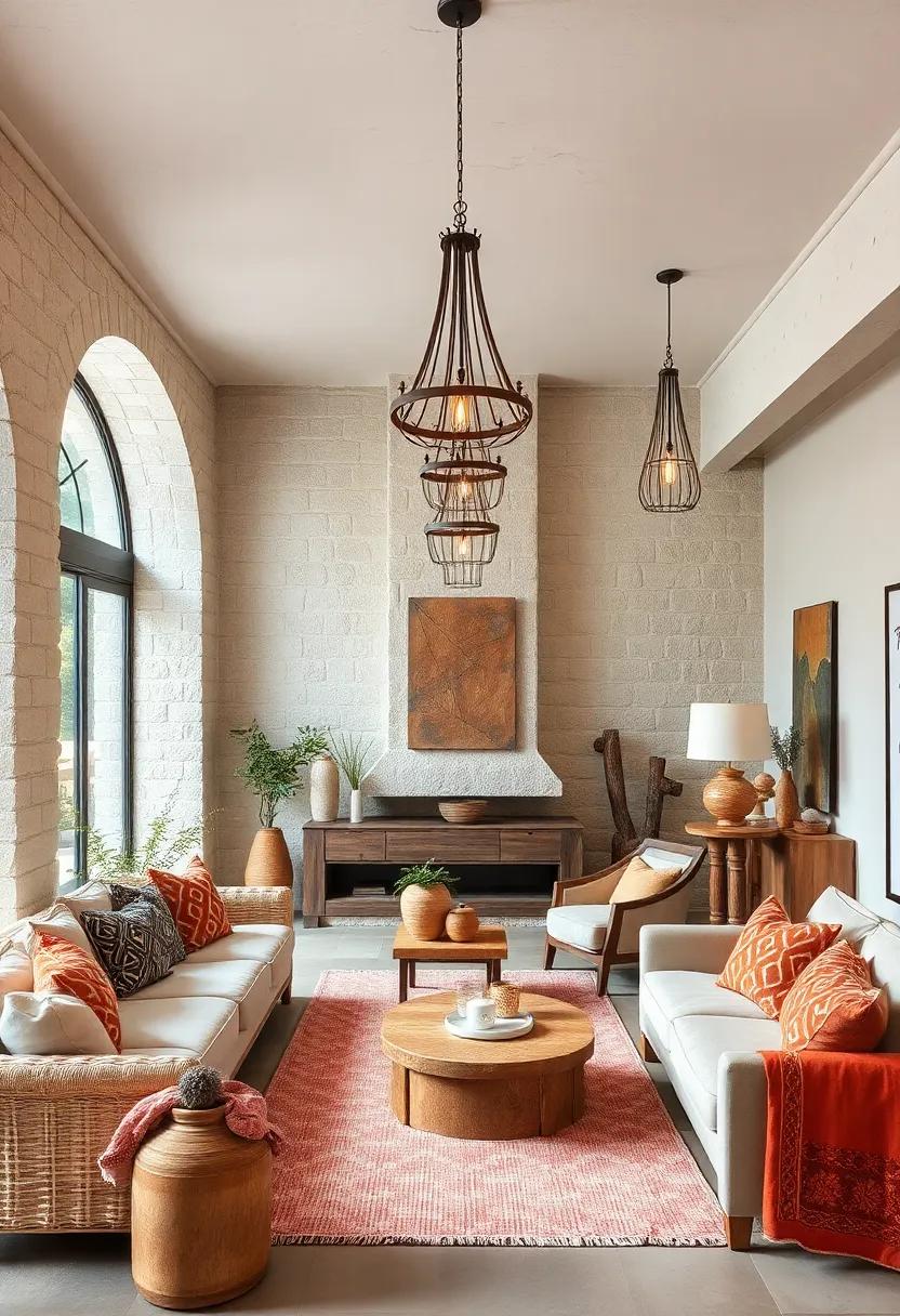 Rustic Chandeliers Suspended Above Handwoven Baskets and Botanical Prints in Natural Fiber Spaces