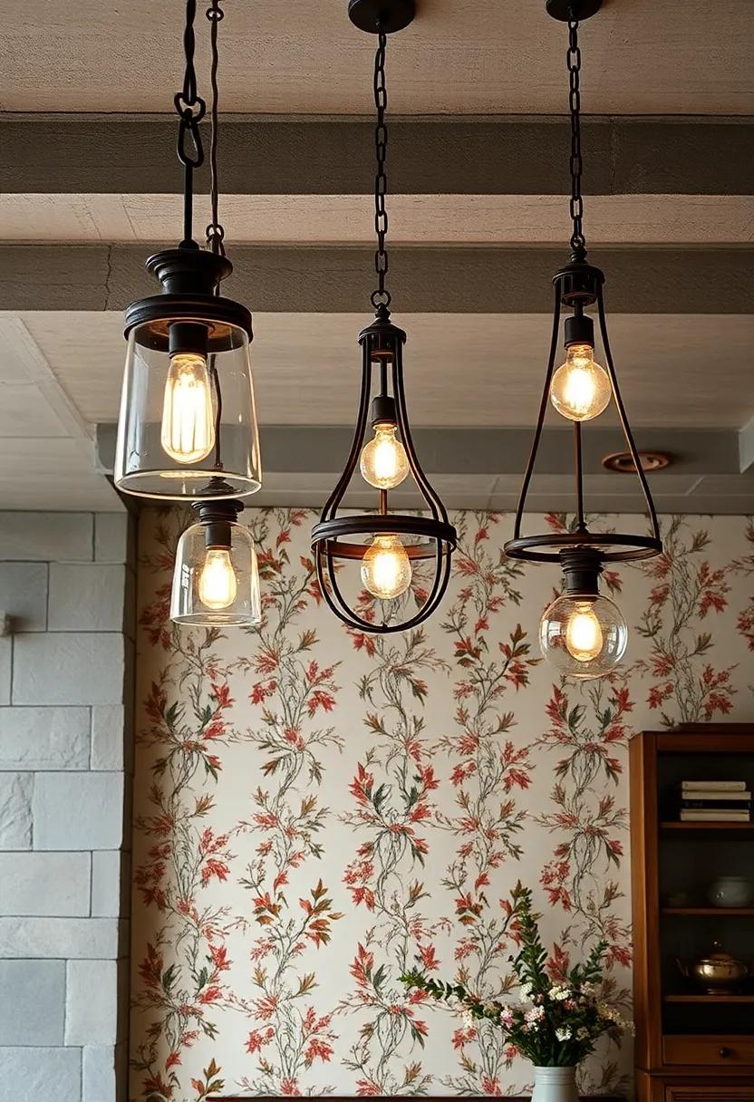 Antique Metal and Weathered Glass Chandeliers Illuminating Soft Floral Wallpapers and Linen Textures