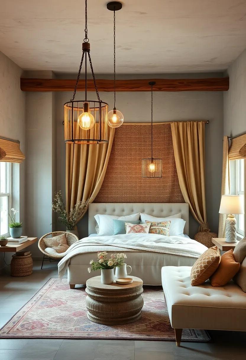 Rustic Chandeliers Illuminating Handwoven Rugs and Patchwork Curtains in Peaceful Cottage Bedrooms