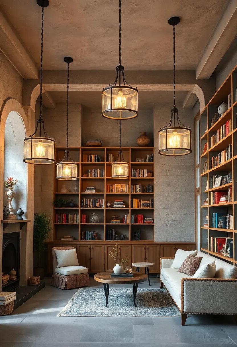 Soft Candlelight Ambiance from Rustic Chandeliers Amidst Open Shelves of Vintage Books and Trinkets