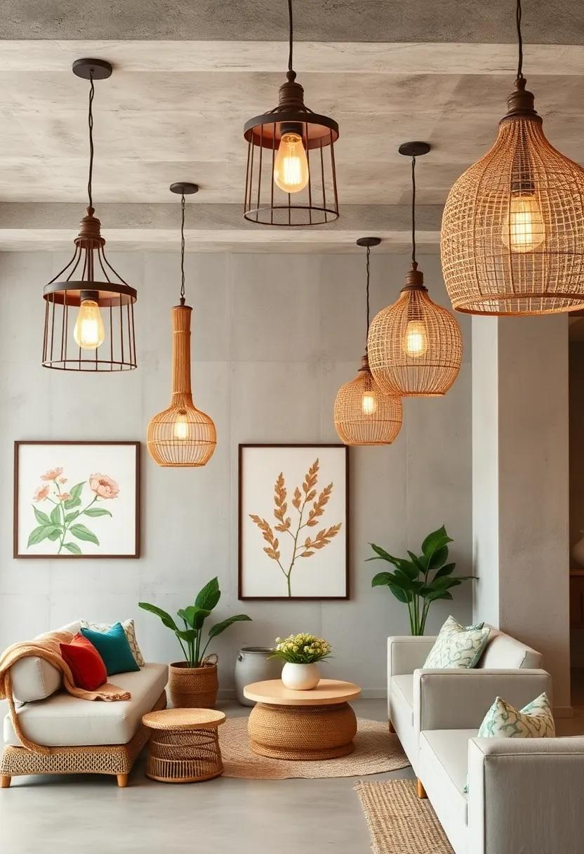 A Gallery of Rustic Chandeliers Hanging Over Botanical Artwork and Rattan Accents in Bohemian Nooks