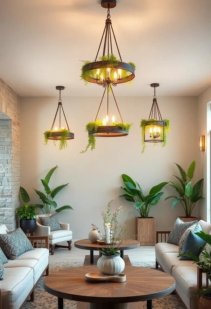 Natural Moss and Fern Adornments Around Rustic Chandeliers Enhancing Outdoor-Inspired Interior Corners
