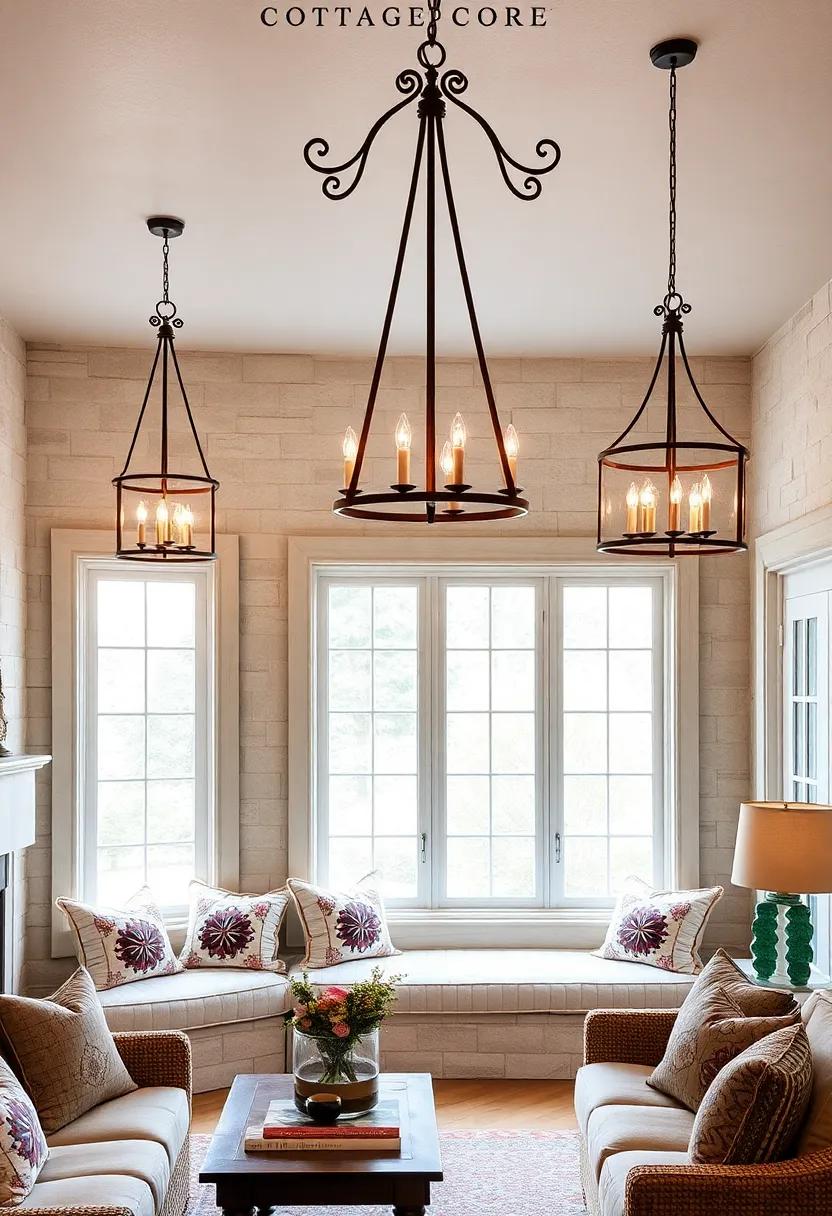 Handcrafted Iron Chandeliers with Weathered Finishes Dwelling Above Quilt-Covered Window Seats in Cottages