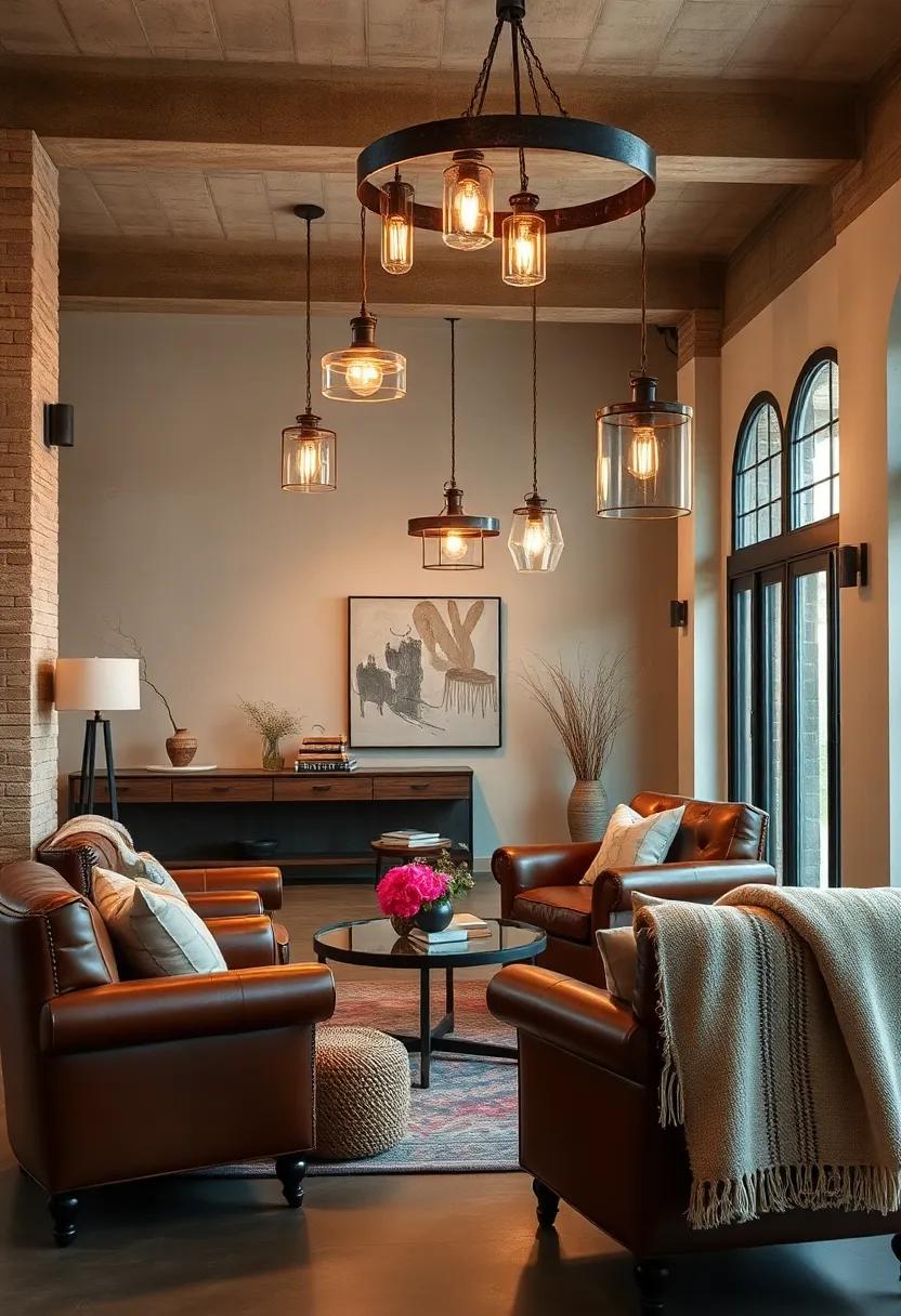 Earthen Tones in Rustic Lighting Fixtures Reflecting on Worn Leather Armchairs and Soft Wool Throws