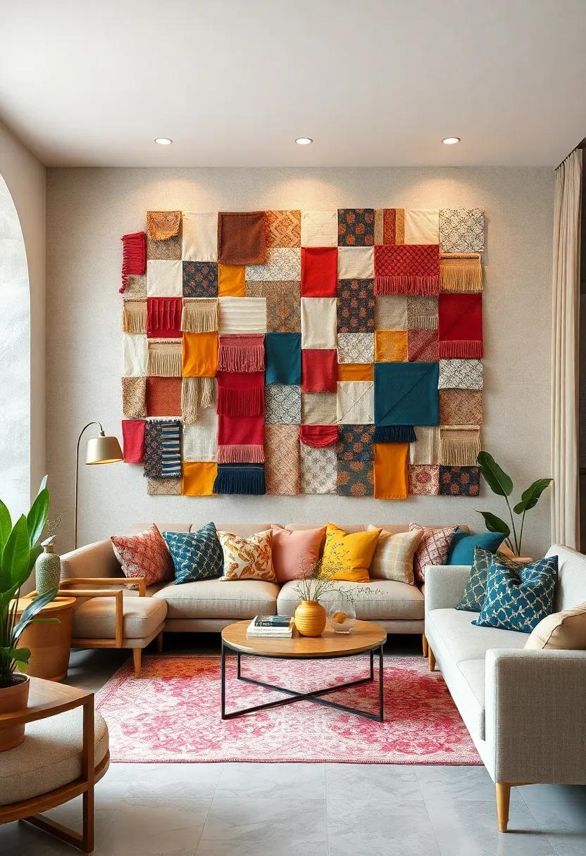 Vintage Textile Fragments Arranged In Mosaic Patterns Offering A Tactile Wall Experience