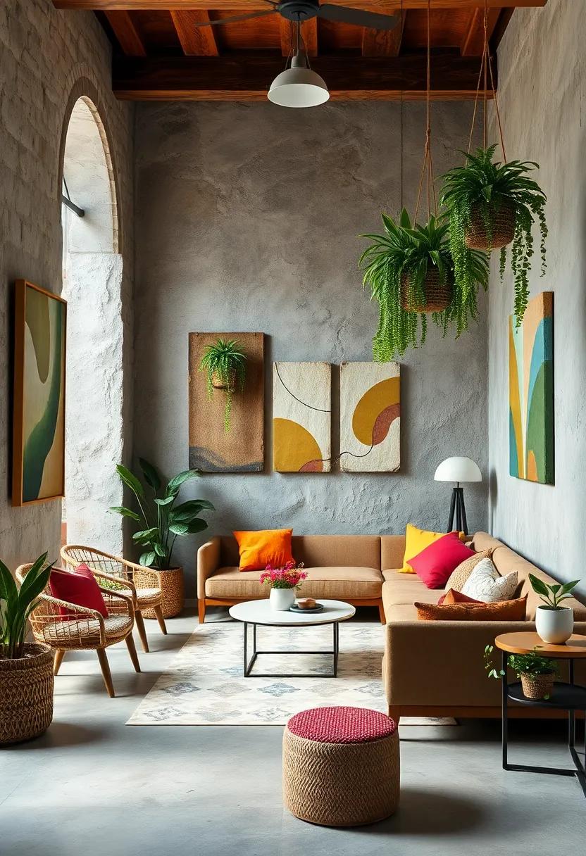 Textured Paintings Integrated With Hanging Plants For A Lush, Multidimensional Effect