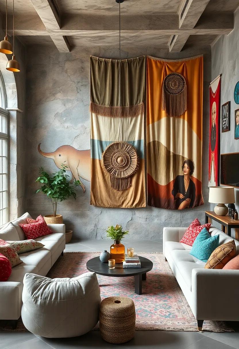 Hand-Painted Murals Complemented By Layered Fabric Panels Creating Visual Storytelling