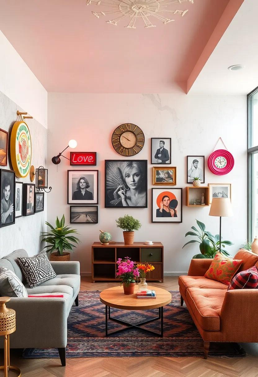 Urban Eclectic Walls Adorned With Neon Signs And Classic Photography For A Playful Vibe