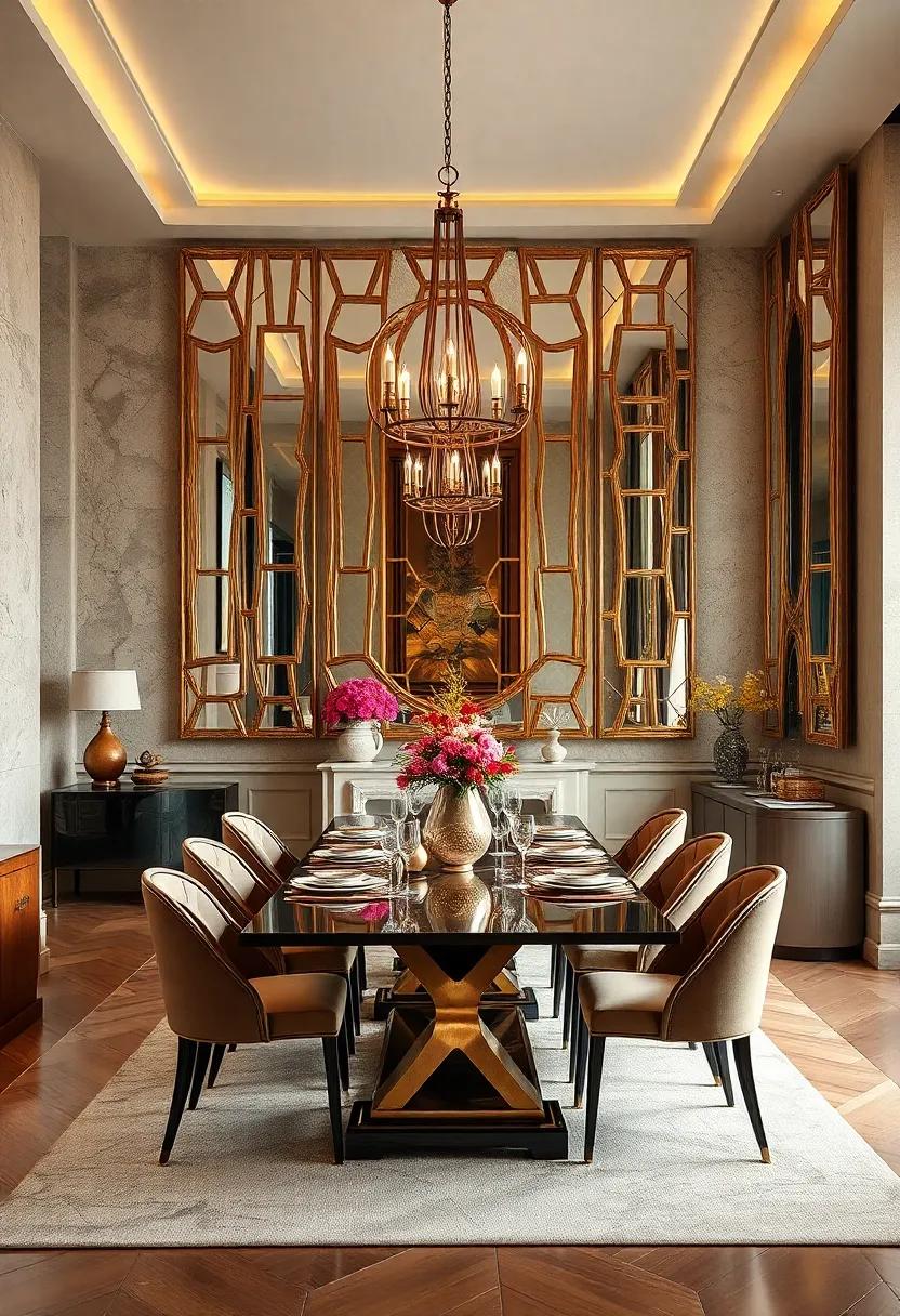 Intricate Mirror Arrangements Expanding Space and Reflecting Dining Room Splendor