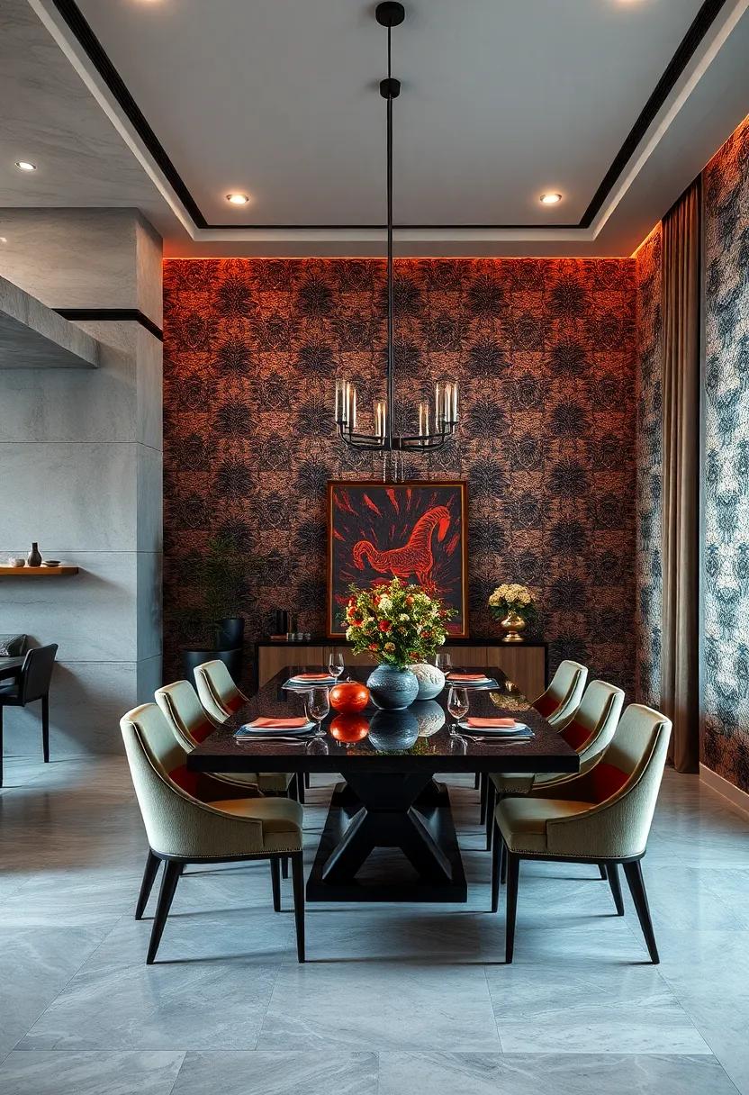 Bold Patterned Wallpaper Introducing Drama and Personality to Dining Walls