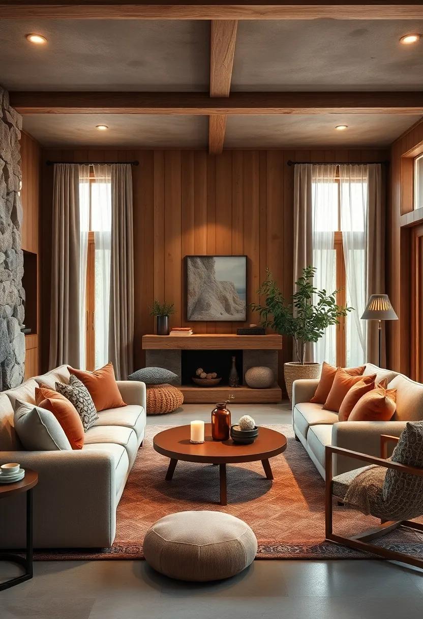 Warm Hygge Vibes in Cedar Paneled Living Areas with Plush Velvet Cushions and Delicate Lace Curtains