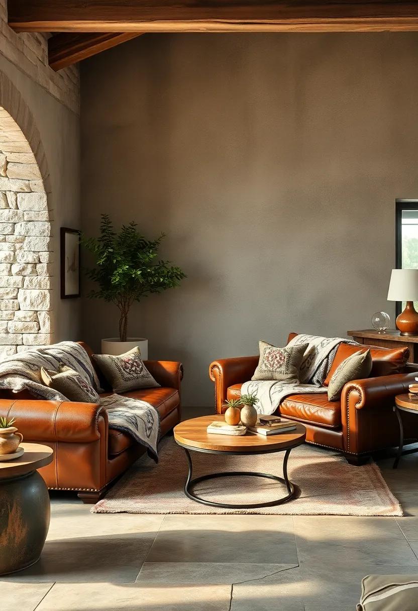 Rustic Charm Enhanced by Handcrafted Quilts Draped Over Distressed Leather Sofas