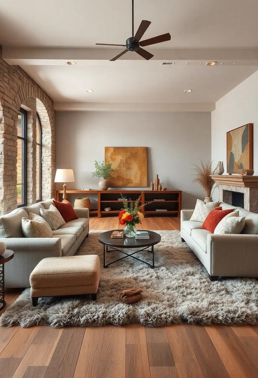 Muted Autumnal Palettes with Velvety Upholstery and Thick Wool Rugs Over Rustic Hardwood Floors
