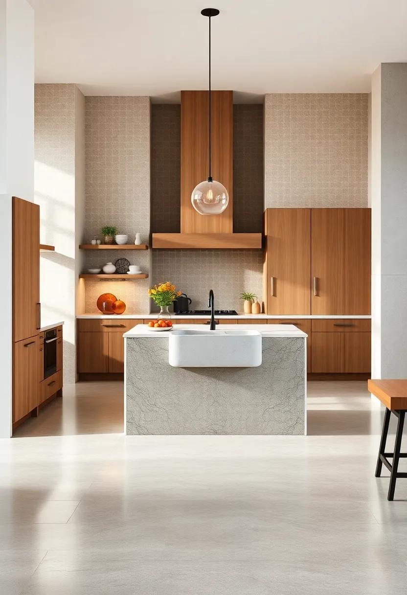 Polished Concrete Floors Anchoring the Look of Natural Stone Farmhouse Sink Basins in Modern Spaces