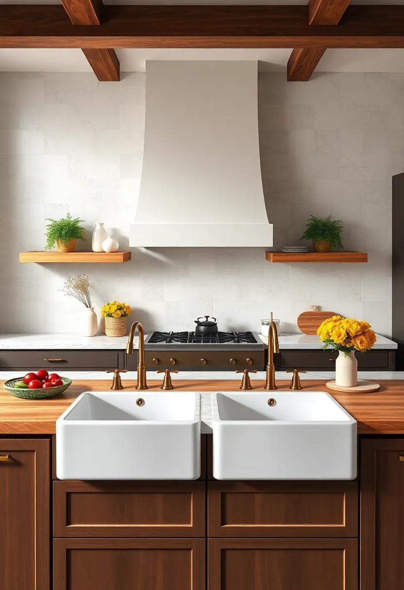 Rolling Wooden Island Tops Framing Traditional Double Basin Farmhouse Sinks With Brass Accents