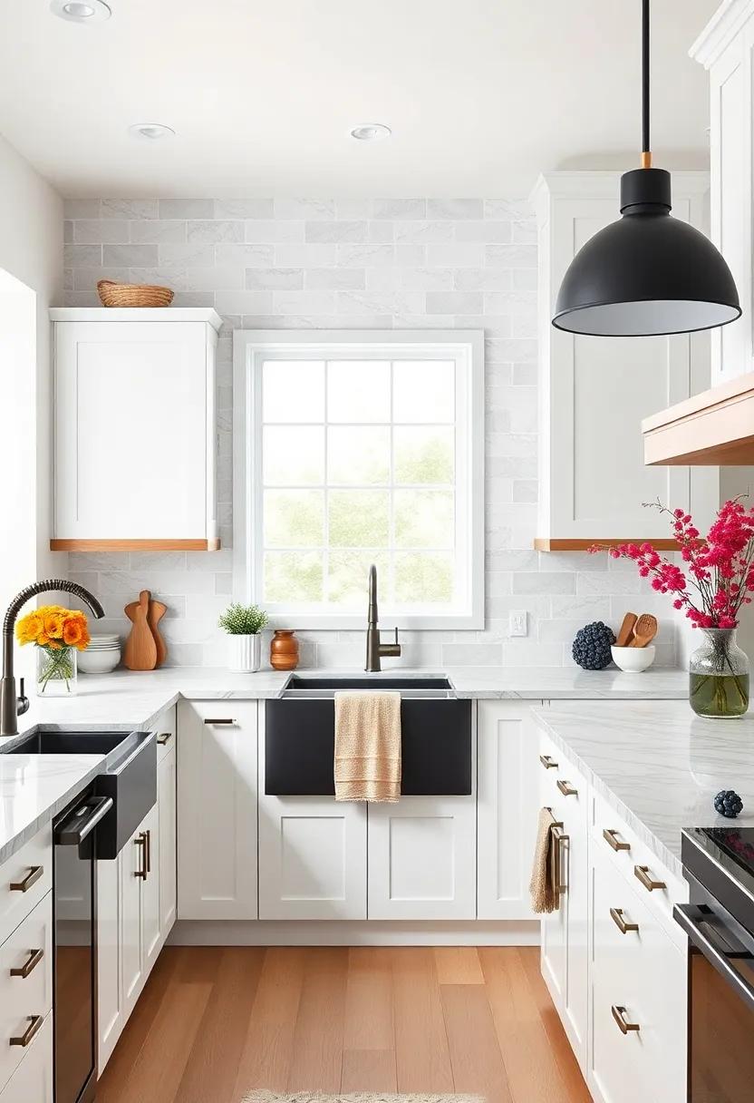 Bold Black Farmhouse Sinks Creating Contrast Against Crisp White Cabinets and Marble Counters